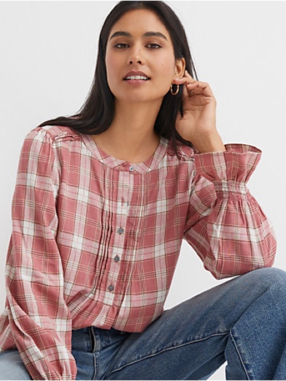 LOFT Rose Plaid Pleated Henley Button-Front Peasant Blouse with Flare Sleeve